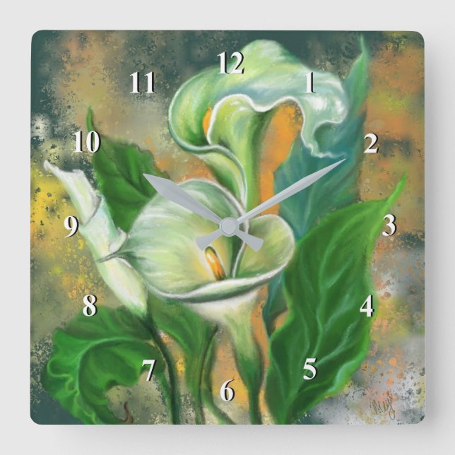 Relógio Quadrado Calla Lily Flower Wall Clock Painting (Frente)