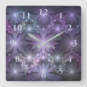 Relógio Quadrado Cama de Flores Arte Fractal Abstrato Moderno e Bri