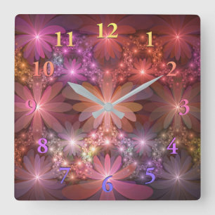Relógio Quadrado Cama De Flores Colorida Abstrata Arte Fractal Bril