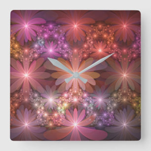 Relógio Quadrado Cama De Flores Colorida Abstrata Arte Fractal Bril
