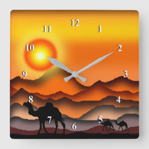 Relógio Quadrado Camelos no Sunset Desert Wall Clock - Pintura