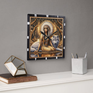 Relógio Quadrado Caminho Espírito Nativo: Brilho Sagrado do Fogo