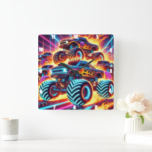 Relógio Quadrado Caminhões Neon Monster com Pacote de Ação Flamejan