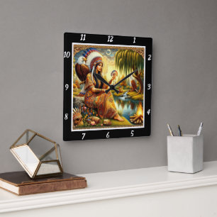 Relógio Quadrado Caminhos Nativos: Águia Rastreia a Rustela de Will