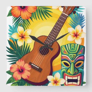 Relógio Quadrado Camisa de Vibrações de Luau Tiki Ukulele Tropical