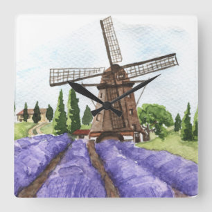 Relógio Quadrado Campos de Lavanda e moinho de decoração do país fr