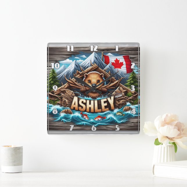 Relógio Quadrado Canadiano Beaver Holding Branches por Riverbank (Lar)