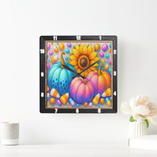 Relógio Quadrado Candy Autumn Pumpkins Sunflower