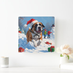 Relógio Quadrado Cane Corso Correndo na Neve com Chapéu de Natal