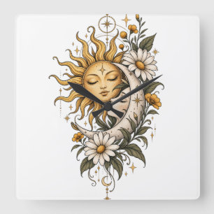Relógio Quadrado Caneca de Café Sol Lua Mística e Floral