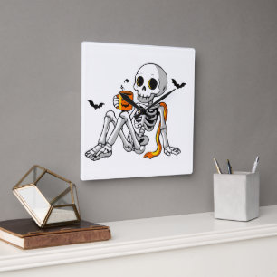 Relógio Quadrado Caneca de Esqueleto de Halloween Aconchegante com