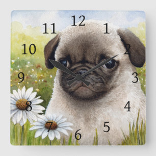 Relógio Quadrado Cão 114, flor de Pug Daisy