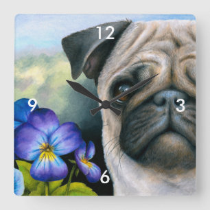 Relógio Quadrado Cão 133 Pug Blue Purple Flower