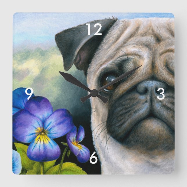 Relógio Quadrado Cão 133 Pug Blue Purple Flower (Frente)