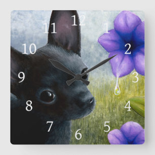 Relógio Quadrado Cão 94 Flor Roxo Preto Chihuahua