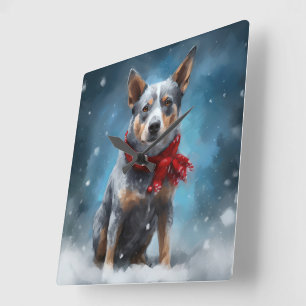 Relógio Quadrado Cão Blue Heeler na Neve Natal