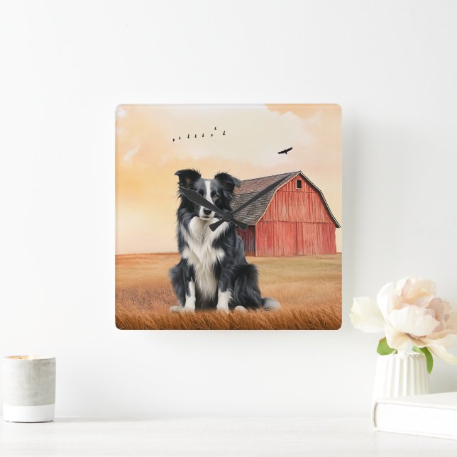 Relógio Quadrado Cão Border Collie e Rancho do Celeiro Vermelho (Lar)