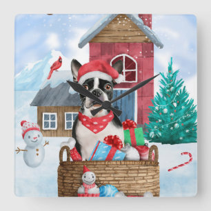 Relógio Quadrado Cão Boston Terrier na casa de cachorro de Natal na