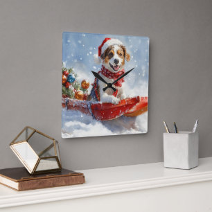 Relógio Quadrado Cão Brittany Spaniel em Trenó de Natal