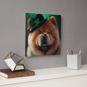 Relógio Quadrado Cão Chow Chow vestido para o Dia de São Patrício