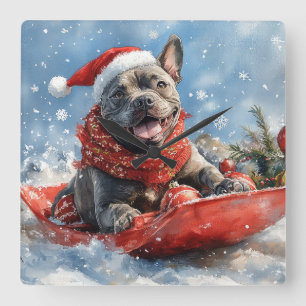Relógio Quadrado Cão Corso em Trenó Deixe Nevar Natal