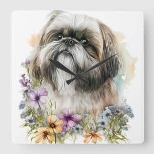 RELÓGIO QUADRADO CÃO DE LHASA COM FLORES DE SELVAGENS