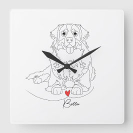 Relógio Quadrado Cão de Montanha Bernês com Arte de Linha do Coraçã