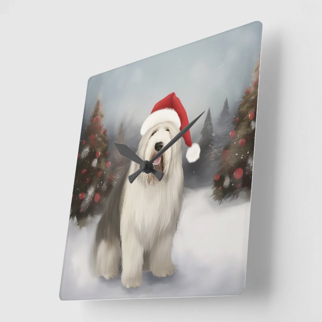 Relógio Quadrado Cão de Pastoreio Inglês Antigo na Neve Natal (Ângulo)