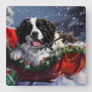 Relógio Quadrado Cão de Terra Nova Natal Festivo