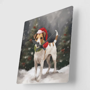 Relógio Quadrado Cão Jack Russell na Neve Natal
