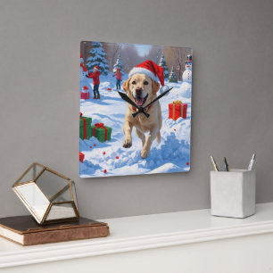Relógio Quadrado Cão Labrador Correndo na Neve com Chapéu de Natal