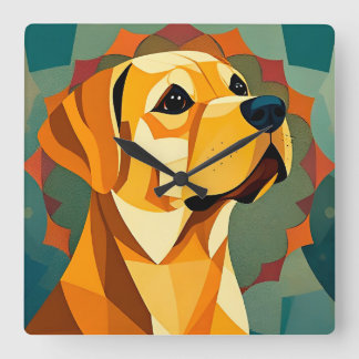 Relógio Quadrado Cão Labrador Retriever Amarelo Arte Geométrica