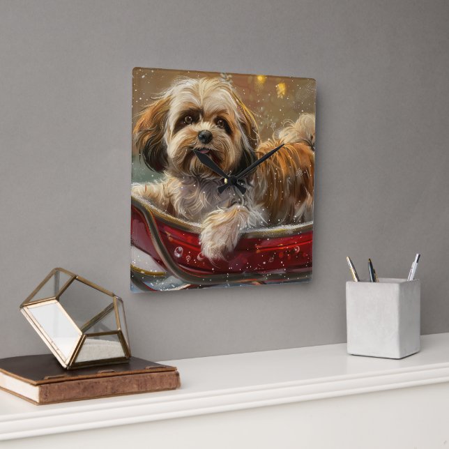 Relógio Quadrado Cão Lhasa Apso Natal Festivo (Escritório)
