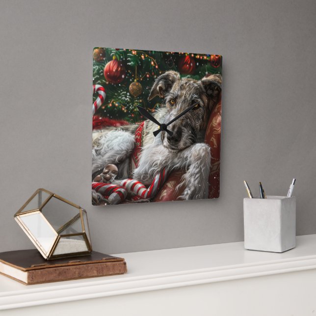 Relógio Quadrado Cão Lobo Hound Natal Festivo (Escritório)