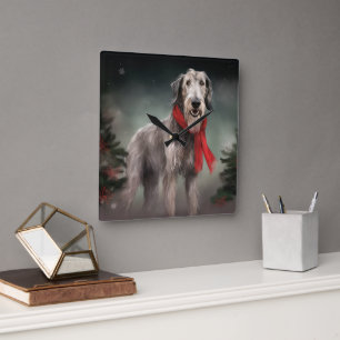 Relógio Quadrado Cão lobo na neve Natal