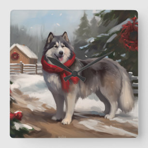 Relógio Quadrado Cão Malamute do Alasca na Neve Natal
