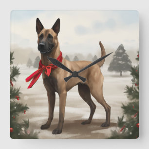 Relógio Quadrado Cão Malinois Belga na Neve Natal