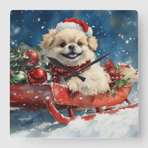 Relógio Quadrado Cão Pequinês em Trenó Deixe Nevar Natal