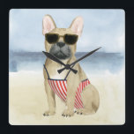 Relógio Quadrado Cão quente| Copo Em Óculos De Sol Na Praia<br><div class="desc">Este impressão de aquarela apresenta um filhote de óculos escuros curtindo a praia| Por Grace Popp</div>