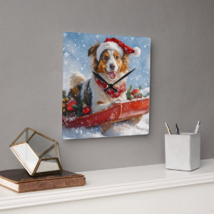 Relógio Quadrado Cão Rough Collie em Trenó Deixe Nevar Natal