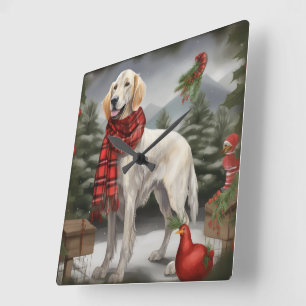 Relógio Quadrado Cão Setter Inglês na Neve de Natal