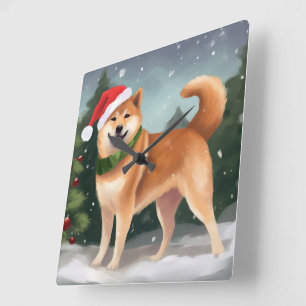 Relógio Quadrado Cão Shiba Inu no Natal da Neve