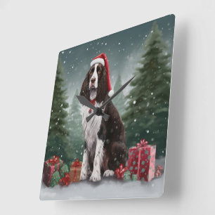 Relógio Quadrado Cão Springer Spaniel na Neve Natal
