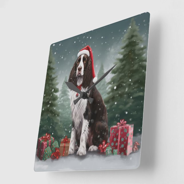 Relógio Quadrado Cão Springer Spaniel na Neve Natal (Ângulo)
