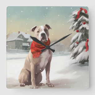 Relógio Quadrado Cão Staffordshire Americano na Neve Natal