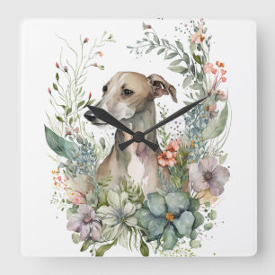 Relógio Quadrado CÃO WHIPPET EM Aquarela COM FLORES SILVESTRES
