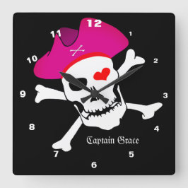Relógio Quadrado Capitão Grace e Pirates Flag, Skull House / Boat