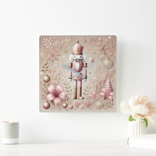 Relógio Quadrado Caprichoso Elegante Pastel de Noz-Moscada Rosa e D