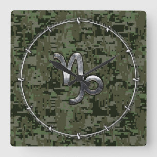 Relógio Quadrado Capricórnio Zodiac - Sinal do camo digital verde-
