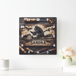 Relógio Quadrado Captura Personalizada de Madeira de Cavalos e Barn